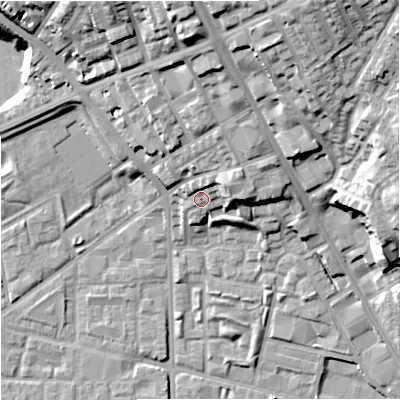 Shaded relief map of the ground around M72XY, computed from Environment Agency LiDAR. The ground here sits at about 34 m above sea level and falls 29 m across the surrounding 800 m. Surface water reaching this point runs off ground lying to the north-north-east, 4.4 m higher.