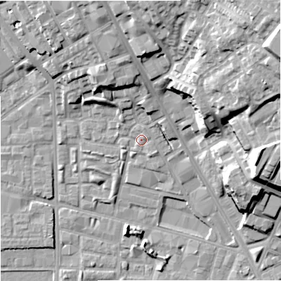 Shaded relief map of the ground around M72YA, computed from Environment Agency LiDAR. The ground here sits at about 30 m above sea level and falls 30 m across the surrounding 800 m. Surface water reaching this point runs off ground lying to the north-north-west, 13.1 m higher.