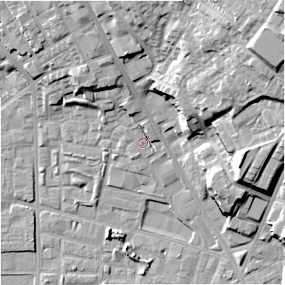 Shaded relief map of the ground around M72YB, computed from Environment Agency LiDAR. The ground here sits at about 30 m above sea level and falls 32 m across the surrounding 800 m. Surface water reaching this point runs off ground lying to the north-north-east, 4.0 m higher.