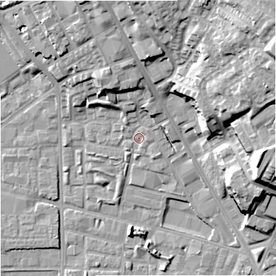 Shaded relief map of the ground around M72YF, computed from Environment Agency LiDAR. The ground here sits at about 30 m above sea level and falls 30 m across the surrounding 800 m. Surface water reaching this point runs off ground lying to the north, 13.1 m higher.