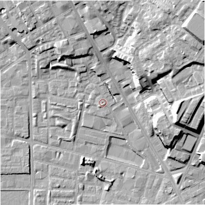 Shaded relief map of the ground around M72YL, computed from Environment Agency LiDAR. The ground here sits at about 30 m above sea level and falls 32 m across the surrounding 800 m. Surface water reaching this point runs off ground lying to the north, 1.0 m higher.