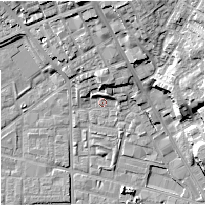 Shaded relief map of the ground around M72YW, computed from Environment Agency LiDAR. The ground here sits at about 30 m above sea level and falls 28 m across the surrounding 800 m. Surface water reaching this point runs off ground lying to the north-north-east, 4.4 m higher.