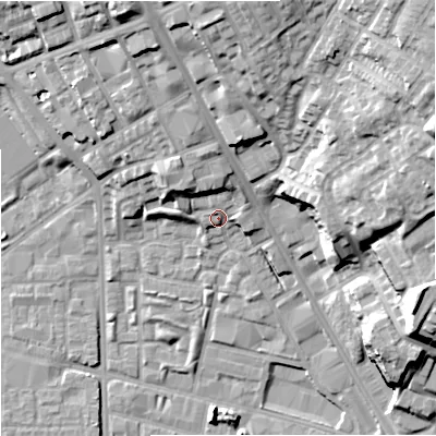Shaded relief map of the ground around M72ZW, computed from Environment Agency LiDAR. The ground here sits at about 33 m above sea level and falls 30 m across the surrounding 800 m. Surface water reaching this point runs off ground lying to the north-north-east, 6.1 m higher.