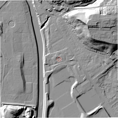Shaded relief map of the ground around M73AP, computed from Environment Agency LiDAR. The ground here sits at about 34 m above sea level and falls 35 m across the surrounding 800 m. Surface water reaching this point runs off ground lying to the west-north-west, 1.9 m higher.