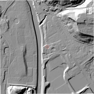 Shaded relief map of the ground around M73AR, computed from Environment Agency LiDAR. The ground here sits at about 34 m above sea level and falls 35 m across the surrounding 800 m. Surface water reaching this point runs off ground lying to the east, 1.6 m higher.