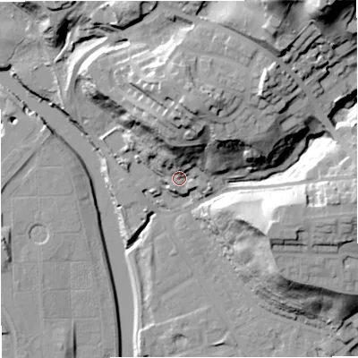 Shaded relief map of the ground around M73AS, computed from Environment Agency LiDAR. The ground here sits at about 40 m above sea level and falls 58 m across the surrounding 800 m. Surface water reaching this point runs off ground lying to the north, 31.8 m higher.
