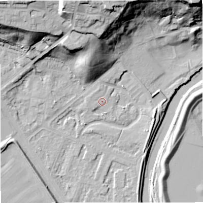 Shaded relief map of the ground around M73EA, computed from Environment Agency LiDAR. The ground here sits at about 31 m above sea level and falls 42 m across the surrounding 800 m. Surface water reaching this point runs off ground lying to the north-north-west, 0.9 m higher.