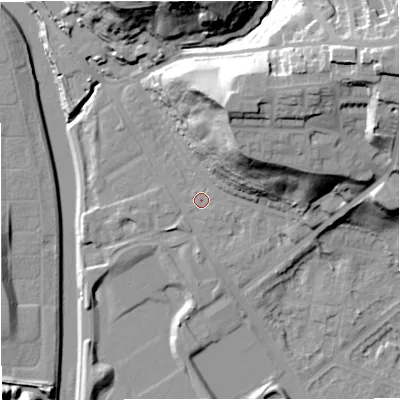 Shaded relief map of the ground around M73GE, computed from Environment Agency LiDAR. The ground here sits at about 35 m above sea level and falls 41 m across the surrounding 800 m. Surface water reaching this point runs off ground lying to the north-north-east, 26.1 m higher.