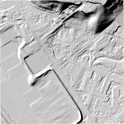 Shaded relief map of the ground around M73GG, computed from Environment Agency LiDAR. The ground here sits at about 31 m above sea level and falls 28 m across the surrounding 800 m. Surface water reaching this point runs off ground lying to the north, 27.0 m higher.