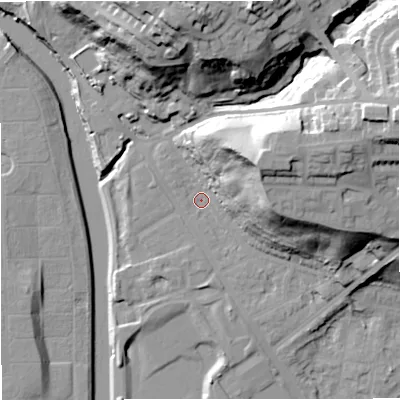 Shaded relief map of the ground around M73GN, computed from Environment Agency LiDAR. The ground here sits at about 34 m above sea level and falls 41 m across the surrounding 800 m. Surface water reaching this point runs off ground lying to the north, 36.7 m higher.