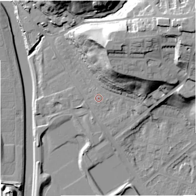Shaded relief map of the ground around M73GQ, computed from Environment Agency LiDAR. The ground here sits at about 35 m above sea level and falls 41 m across the surrounding 800 m. Surface water reaching this point runs off ground lying to the north-north-east, 26.1 m higher.