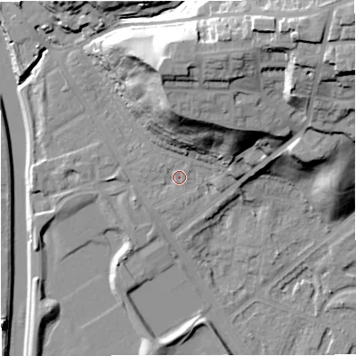 Shaded relief map of the ground around M73GR, computed from Environment Agency LiDAR. The ground here sits at about 35 m above sea level and falls 44 m across the surrounding 800 m. Surface water reaching this point runs off ground lying to the north-north-east, 24.3 m higher.