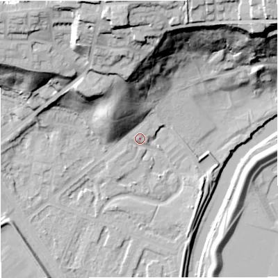 Shaded relief map of the ground around M73GS, computed from Environment Agency LiDAR. The ground here sits at about 32 m above sea level and falls 47 m across the surrounding 800 m. Surface water reaching this point runs off ground lying to the north-north-west, 18.8 m higher.