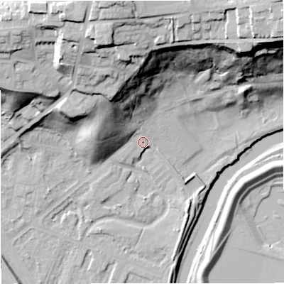 Shaded relief map of the ground around M73GT, computed from Environment Agency LiDAR. The ground here sits at about 32 m above sea level and falls 50 m across the surrounding 800 m. Surface water reaching this point runs off ground lying to the north, 43.7 m higher.