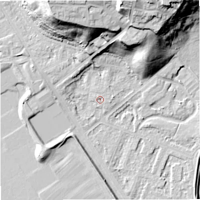 Shaded relief map of the ground around M73GU, computed from Environment Agency LiDAR. The ground here sits at about 31 m above sea level and falls 37 m across the surrounding 800 m. Surface water reaching this point runs off ground lying to the north-east, 1.0 m higher.