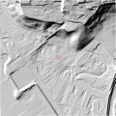 Shaded relief map of the ground around M73GX, computed from Environment Agency LiDAR. The ground here sits at about 32 m above sea level and falls 43 m across the surrounding 800 m. Surface water reaching this point runs off ground lying to the south-south-east, 1.4 m higher.