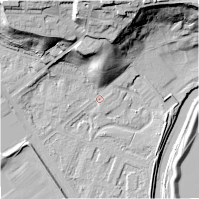Shaded relief map of the ground around M73GY, computed from Environment Agency LiDAR. The ground here sits at about 31 m above sea level and falls 44 m across the surrounding 800 m. Surface water reaching this point runs off ground lying to the north, 16.3 m higher.