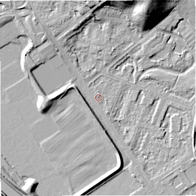 Shaded relief map of the ground around M73GZ, computed from Environment Agency LiDAR. The ground here sits at about 30 m above sea level and falls 20 m across the surrounding 800 m. Surface water reaching this point runs off ground lying to the north-west, 5.4 m higher.