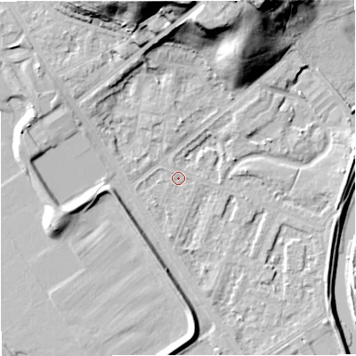 Shaded relief map of the ground around M73HA, computed from Environment Agency LiDAR. The ground here sits at about 30 m above sea level and falls 29 m across the surrounding 800 m. Surface water reaching this point runs off ground lying to the north-west, 7.3 m higher.