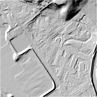 Shaded relief map of the ground around M73HB, computed from Environment Agency LiDAR. The ground here sits at about 30 m above sea level and falls 27 m across the surrounding 800 m. Surface water reaching this point runs off ground lying to the north-west, 7.3 m higher.