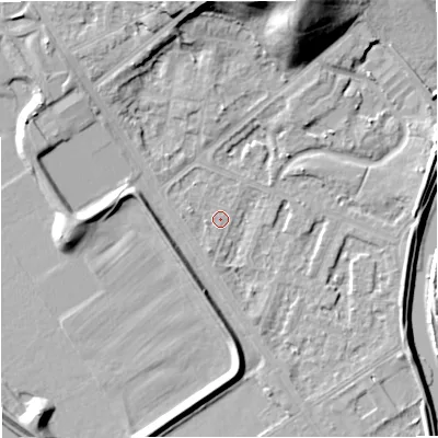 Shaded relief map of the ground around M73HD, computed from Environment Agency LiDAR. The ground here sits at about 30 m above sea level and falls 22 m across the surrounding 800 m. Surface water reaching this point runs off ground lying to the north-west, 7.3 m higher.