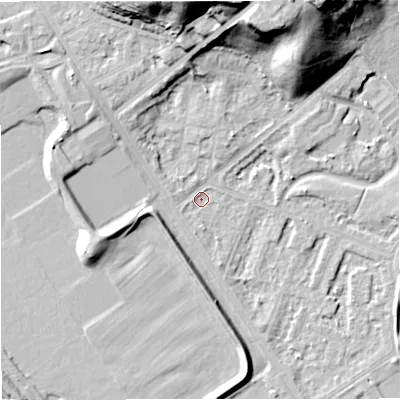 Shaded relief map of the ground around M73HE, computed from Environment Agency LiDAR. The ground here sits at about 30 m above sea level and falls 27 m across the surrounding 800 m. Surface water reaching this point runs off ground lying to the north, 23.3 m higher.