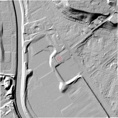 Shaded relief map of the ground around M73NQ, computed from Environment Agency LiDAR. The ground here sits at about 33 m above sea level and falls 34 m across the surrounding 800 m. Surface water reaching this point runs off ground lying to the north, 2.9 m higher.