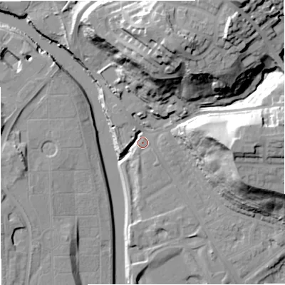 Shaded relief map of the ground around M73NT, computed from Environment Agency LiDAR. The ground here sits at about 35 m above sea level and falls 43 m across the surrounding 800 m. Surface water reaching this point runs off ground lying to the north-north-east, 39.3 m higher.
