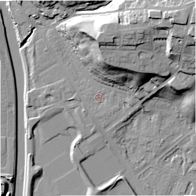 Shaded relief map of the ground around M73QF, computed from Environment Agency LiDAR. The ground here sits at about 35 m above sea level and falls 42 m across the surrounding 800 m. Surface water reaching this point runs off ground lying to the north-north-east, 24.3 m higher.