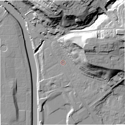 Shaded relief map of the ground around M73QG, computed from Environment Agency LiDAR. The ground here sits at about 34 m above sea level and falls 41 m across the surrounding 800 m. Surface water reaching this point runs off ground lying to the north, 36.6 m higher.