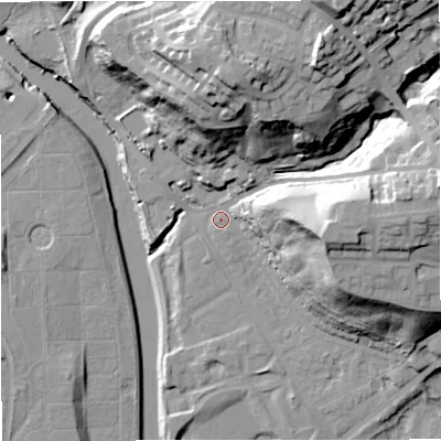 Shaded relief map of the ground around M73QN, computed from Environment Agency LiDAR. The ground here sits at about 36 m above sea level and falls 43 m across the surrounding 800 m. Surface water reaching this point runs off ground lying to the north, 35.3 m higher.