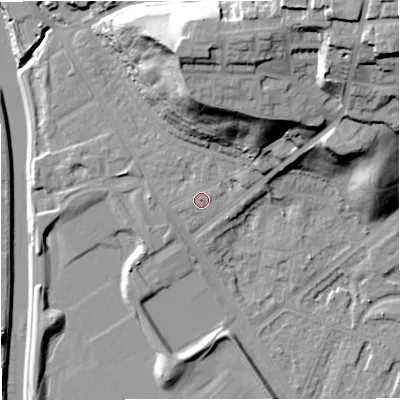 Shaded relief map of the ground around M73QP, computed from Environment Agency LiDAR. The ground here sits at about 35 m above sea level and falls 42 m across the surrounding 800 m. Surface water reaching this point runs off ground lying to the north-north-east, 23.1 m higher.