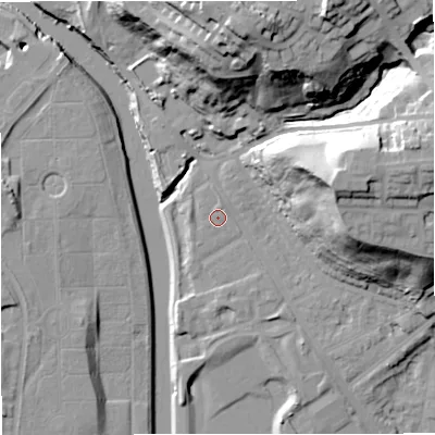 Shaded relief map of the ground around M73QR, computed from Environment Agency LiDAR. The ground here sits at about 35 m above sea level and falls 41 m across the surrounding 800 m. Surface water reaching this point runs off ground lying to the north, 0.8 m higher.