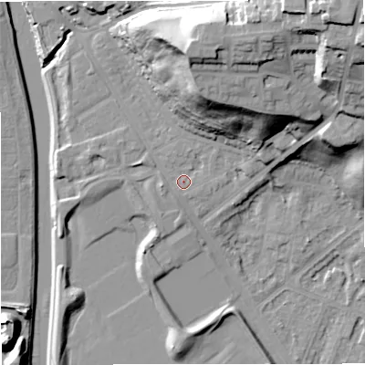 Shaded relief map of the ground around M73QS, computed from Environment Agency LiDAR. The ground here sits at about 35 m above sea level and falls 41 m across the surrounding 800 m. Surface water reaching this point runs off ground lying to the north-north-east, 24.3 m higher.