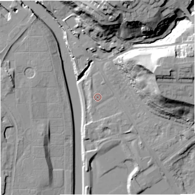 Shaded relief map of the ground around M73QT, computed from Environment Agency LiDAR. The ground here sits at about 35 m above sea level and falls 41 m across the surrounding 800 m. The ground contributing surface water to this point lies to the west.