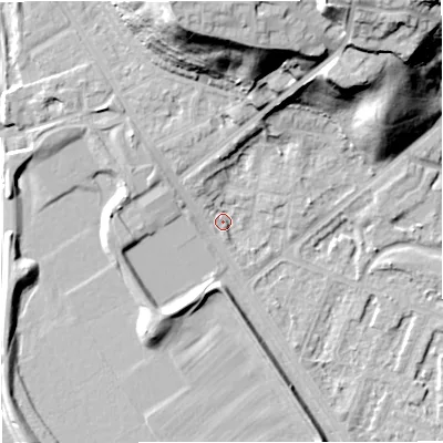 Shaded relief map of the ground around M73QU, computed from Environment Agency LiDAR. The ground here sits at about 32 m above sea level and falls 34 m across the surrounding 800 m. Surface water reaching this point runs off ground lying to the north-north-east, 32.6 m higher.