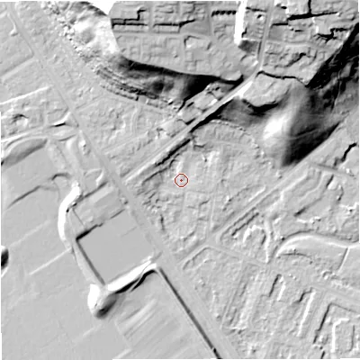 Shaded relief map of the ground around M73QX, computed from Environment Agency LiDAR. The ground here sits at about 31 m above sea level and falls 41 m across the surrounding 800 m. Surface water reaching this point runs off ground lying to the north-north-east, 35.8 m higher.