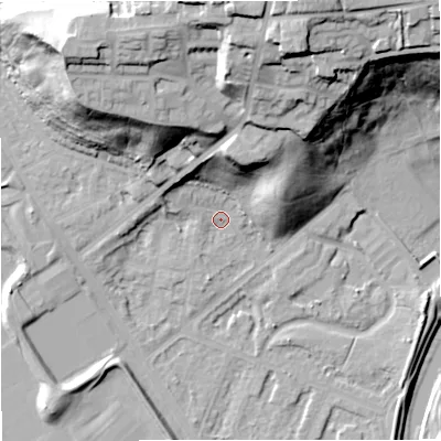 Shaded relief map of the ground around M73QY, computed from Environment Agency LiDAR. The ground here sits at about 32 m above sea level and falls 44 m across the surrounding 800 m. Surface water reaching this point runs off ground lying to the north-north-east, 21.9 m higher.