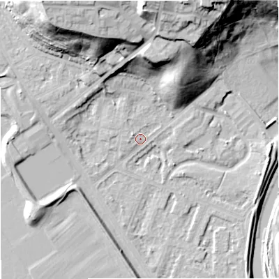 Shaded relief map of the ground around M73QZ, computed from Environment Agency LiDAR. The ground here sits at about 31 m above sea level and falls 37 m across the surrounding 800 m. Surface water reaching this point runs off ground lying to the north-north-east, 22.3 m higher.