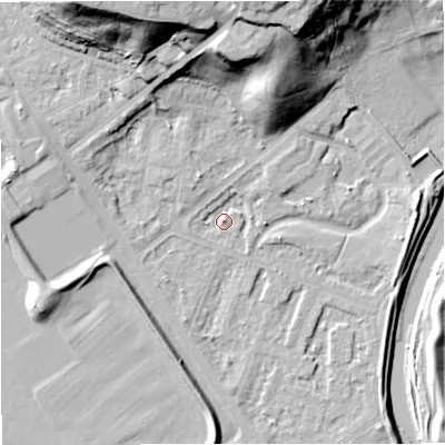 Shaded relief map of the ground around M73RA, computed from Environment Agency LiDAR. The ground here sits at about 30 m above sea level and falls 32 m across the surrounding 800 m. Surface water reaching this point runs off ground lying to the north-east, 1.7 m higher.