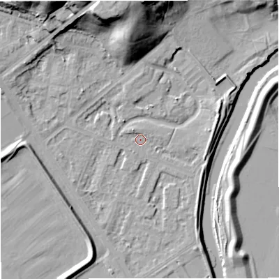 Shaded relief map of the ground around M73RB, computed from Environment Agency LiDAR. The ground here sits at about 30 m above sea level and falls 28 m across the surrounding 800 m. Surface water reaching this point runs off ground lying to the north-west, 3.1 m higher.