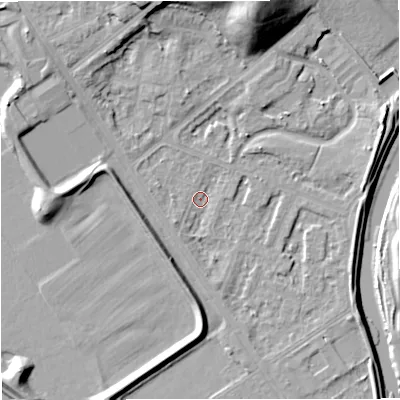 Shaded relief map of the ground around M73RD, computed from Environment Agency LiDAR. The ground here sits at about 29 m above sea level and falls 22 m across the surrounding 800 m. Surface water reaching this point runs off ground lying to the north-west, 7.3 m higher.