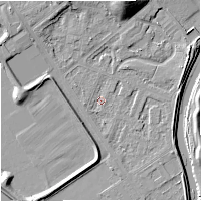 Shaded relief map of the ground around M73RE, computed from Environment Agency LiDAR. The ground here sits at about 29 m above sea level and falls 20 m across the surrounding 800 m. Surface water reaching this point runs off ground lying to the north-west, 7.3 m higher.
