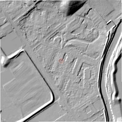 Shaded relief map of the ground around M73RF, computed from Environment Agency LiDAR. The ground here sits at about 30 m above sea level and falls 22 m across the surrounding 800 m. Surface water reaching this point runs off ground lying to the north-west, 6.6 m higher.