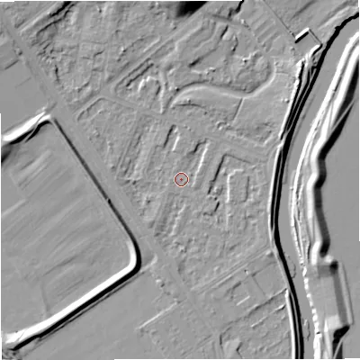 Shaded relief map of the ground around M73RH, computed from Environment Agency LiDAR. The ground here sits at about 30 m above sea level and falls 14 m across the surrounding 800 m. Surface water reaching this point runs off ground lying to the north-west, 6.2 m higher.