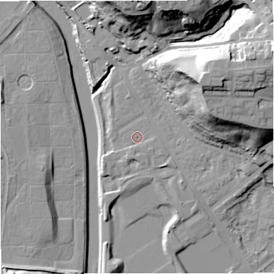 Shaded relief map of the ground around M73RJ, computed from Environment Agency LiDAR. The ground here sits at about 34 m above sea level and falls 38 m across the surrounding 800 m. Surface water reaching this point runs off ground lying to the south-east, 1.0 m higher.