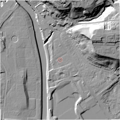 Shaded relief map of the ground around M73RL, computed from Environment Agency LiDAR. The ground here sits at about 34 m above sea level and falls 39 m across the surrounding 800 m. Surface water reaching this point runs off ground lying to the north-north-east, 34.0 m higher.