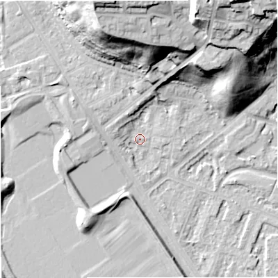 Shaded relief map of the ground around M73RN, computed from Environment Agency LiDAR. The ground here sits at about 31 m above sea level and falls 40 m across the surrounding 800 m. Surface water reaching this point runs off ground lying to the north-north-east, 33.7 m higher.