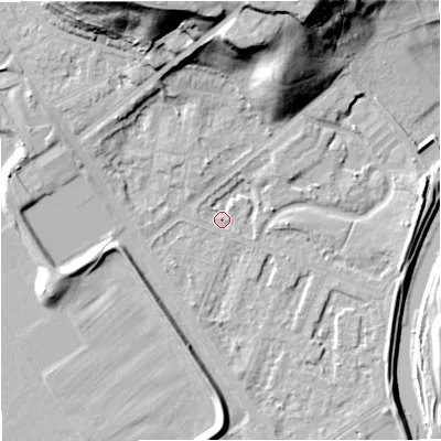 Shaded relief map of the ground around M73RP, computed from Environment Agency LiDAR. The ground here sits at about 30 m above sea level and falls 31 m across the surrounding 800 m. Surface water reaching this point runs off ground lying to the west-north-west, 7.3 m higher.