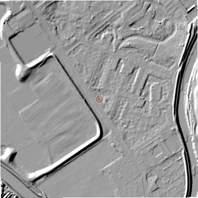 Shaded relief map of the ground around M73RQ, computed from Environment Agency LiDAR. The ground here sits at about 30 m above sea level and falls 11 m across the surrounding 800 m. Surface water reaching this point runs off ground lying to the north-west, 7.1 m higher.
